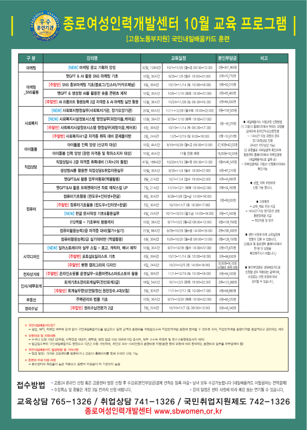 종로여성인력개발센터 2026년 10월 교육프로그램 홍보물_1